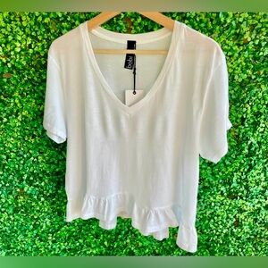 Bobi - White Short Sleeved T-Shirt | Slight Crop - Ruffle Hem - NWT - Cotton -XL
